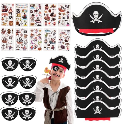 LFENYIGI Piratenhut Kinder, Piraten Kindergeburtstag Set mit 8 pcs Piratenhut, 8 pcs Augenklappe Pirat, 10 pcs Pirat Tattoos Schädel für Piratenparty Geburtstag Halloween Maskerade von LFENYIGI