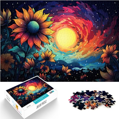 Puzzle Bunter Psychedelischer Sternenhimmel mit Sonnenblumen Puzzle 1000 Teile Puzzle für Erwachsene Holzpuzzle Schwieriges schweres Puzzle 1000 Teile (50 x 75 cm) von LGNBTGM