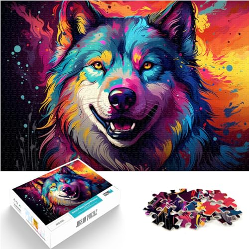 Puzzle für farbenfrohes psychedelisches Husky-Gemälde, 1000-teiliges Puzzle, Lernspiele, Holzpuzzle, lustiges Familienpuzzle, 1000 Teile (50 x 75 cm) von LGNBTGM