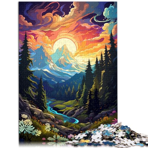 Puzzles für farbenfrohe, psychedelische Sonnenuntergänge und Berge, 1000-teiliges Puzzle für Erwachsene aus Holz mit passendem Poster und Wissensblatt, 1000 Teile (50 x 75 cm) von LGNBTGM