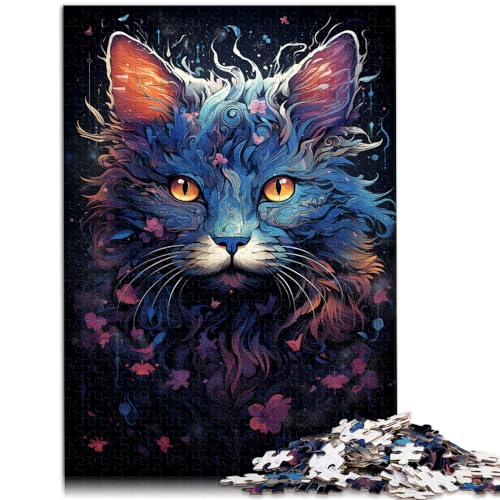 Spielzeug-Puzzle, farbenfrohe blaue Neonkatze, 500-teiliges Holzpuzzle, jedes Teil ist einzigartig – anspruchsvolles, unterhaltsames Spiel für die ganze Familie, 500 Teile (38 x 52 cm) von LGNBTGM