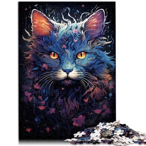 Spielzeug-Puzzle, farbenfrohe Blaue Neonkatze, 500-teiliges Holzpuzzle, jedes Teil ist einzigartig – anspruchsvolles, unterhaltsames Spiel für die ganze Familie, 500 Teile (38 x 52 cm) von LGNBTGM