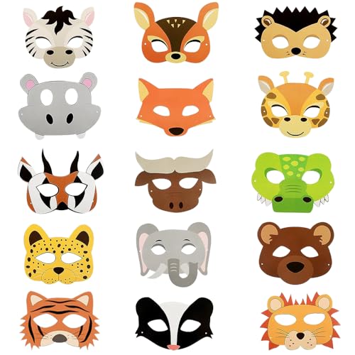 Kinder Party Masken, 15 Pcs Tiermasken für Kinder Cosplay Waldtiere Masken Niedlichen Halbmasken Dschungel Thema Partyzubehör Einstellbar Tiermasken Zum Ausmalen für Halloween Kostümpartys Karneval… von LGQHCE