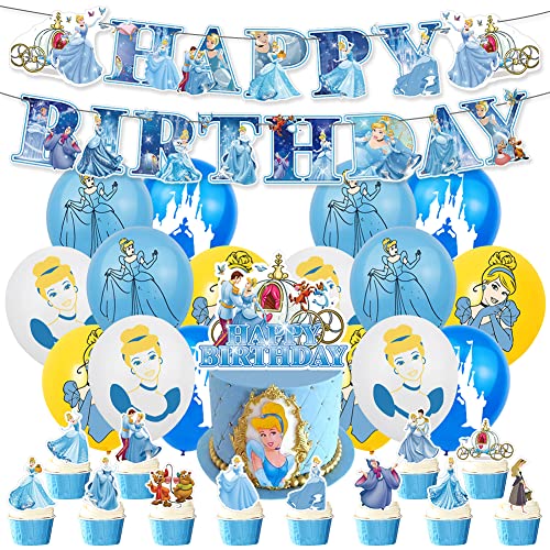 LGQHCE Cinderella Geburtstag Deko Cendrillon Party Dekoration Luftballons Set Cinderella Geburtstagsfeier Ballons Cake Topper Banner für Kinder Geburtstagsdeko Party Supplies von LGQHCE