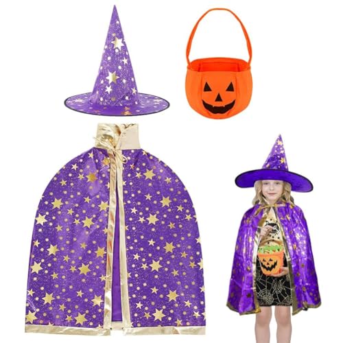 LGWJHCY Halloween Umhang Kinder Set, Cosplay Umhang für Maskerade Kinder, Hexenhut, Kürbis Candy Bag, Cosplay Umhang für Jungen Mädchen Halloween Party Kostüm（Lila） von LGWJHCY