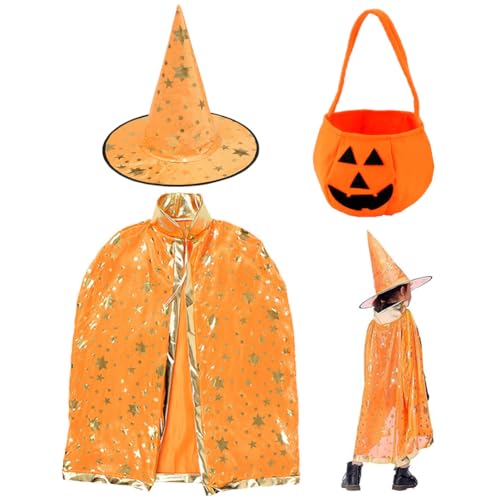 LGWJHCY Halloween Umhang Kinder Set, Cosplay Umhang für Maskerade Kinder, Hexenhut, Kürbis Candy Bag, Cosplay Umhang für Jungen Mädchen Halloween Party Kostüm（Orange） von LGWJHCY