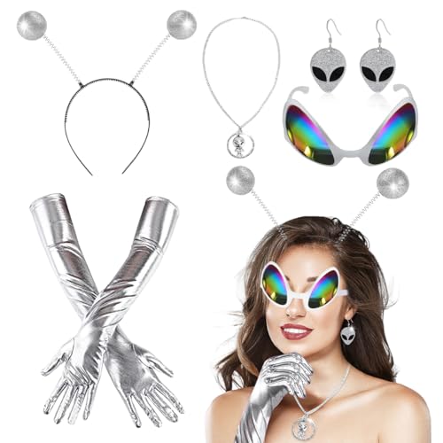 5 Stück Alien Kostüm Set, Alien Rave Outfit, Alien Kostüm Damen Space Kostüm mit Alien Haarreif Alien Brille, Alien Kostümzubehör Set, Weltraum Kostüm für Damen Halloween Cosplay Maskerade Karneval von LGZIN