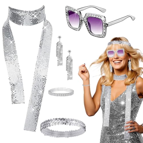 5 Stück Disco Accessoires, 70er Jahre Disco Zubehör, Disco Outfit Damen Accessoires mit Pailletten Schal Ohrringen Sonnenbrille Haarband Armband, 70er Damen Glitzer Schmuck für Fasching Karneval von LGZIN