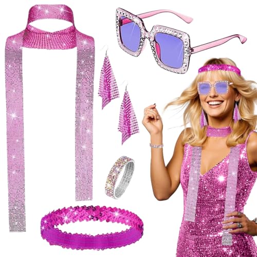 5 Stück Disco Accessoires, 70er Jahre Disco Zubehör, Disco Outfit Damen Accessoires mit Pailletten Schal Ohrringen Sonnenbrille Haarband Armband, 70er Damen Glitzer Schmuck für Fasching Karneval von LGZIN