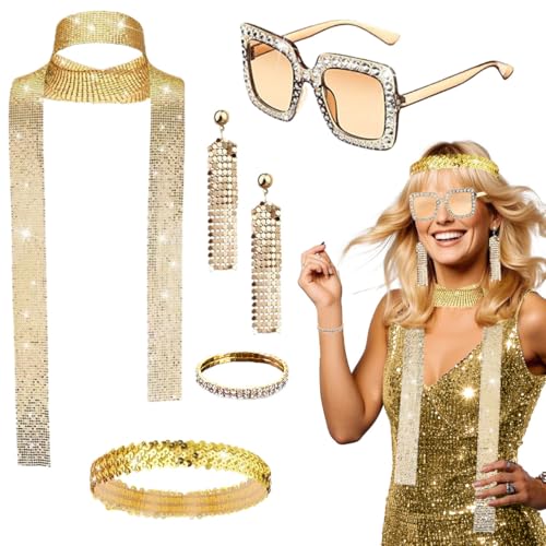 5 Stück Disco Accessoires, 70er Jahre Disco Zubehör, Disco Outfit Damen Accessoires mit Pailletten Schal Ohrringen Sonnenbrille Haarband Armband, 70er Damen Glitzer Schmuck für Fasching Karneval von LGZIN