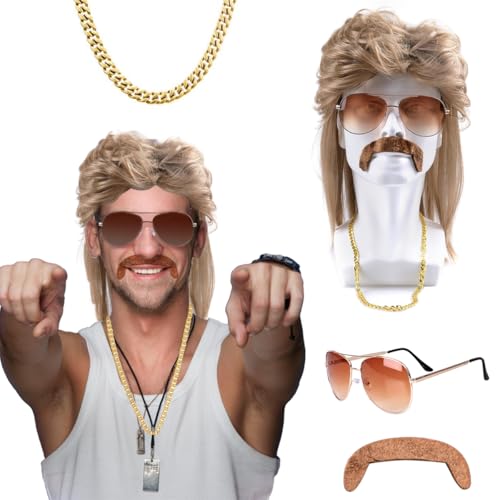 Vokuhila Perücke Herren, 4er Set Herren Perücke mit Goldkette, Sonnenbrille, Schnurrbart, Ring, 80er 90er Jahre Outfit Herren Accessoires, Set Herren Perücke für Fasching Karneval von LGZIN