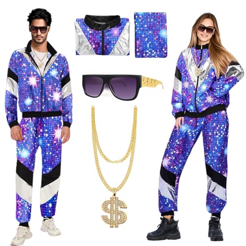 80s 90s Outfit Herren Damen, 80s 90s Kostüm Trainingsanzug mit Jacke, Hose, Halsketten und Brille, Retro Style Jogginganzug Unisex, 80er Jahre Disco Kostüm, Bad Taste Outfit für Karneval Halloween von LGZIN