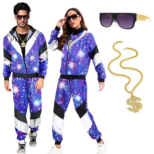 80s 90s Outfit Herren Damen, 80s 90s Kostüm Trainingsanzug mit Jacke, Hose, Halsketten und Brille, Retro Style Jogginganzug Unisex, 80er Jahre Disco Kostüm, Bad Taste Outfit für Karneval Halloween von LGZIN