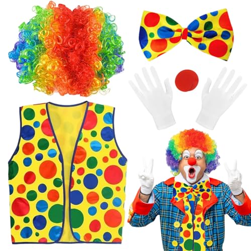 5 Stück Clown Kostüm Set, Clown Kostüm Accessoires, Clown Lockenperücke Regenbogen+Clown Weste+Clownsnase+Bunte Fliege+Handschuhe, Clown Kostümzubehör für Kinder Erwachsene Karneval Halloween Party von LGZIN