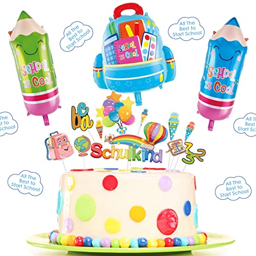 Einschulung Deko Jungen Mädchen, Schuleinführung Schulanfang Deko Set, DIY Einschulung Deko Set mit 1 Schultüte Folienballon + 2 Pencil Folienballons +11 Stk Schulanfang Cupcake Topper(Blaue Serie) von LGZIN