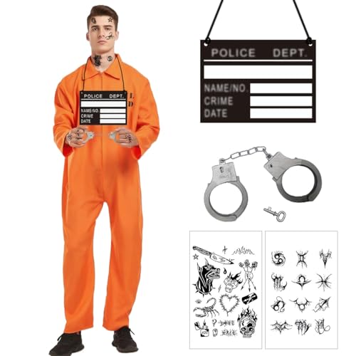 LGZIN Gefängnis Kostüm Herren, Häftling Kostüm Herren, Orange Sträfling Kostü-m mit Namensschild, Handschellen und Aufkleber, Overall Prisoner Costume, Insasse Kostü-m Halloween Karneval Cosplay LGZIN Gefängnis Kostüm Herren, Häftling Kostüm Herren, Orange Sträfling Kostü-m mit Namensschild, Handschellen und Aufkleber, Overall Prisoner Costume, Insasse Kostü-m Halloween Karneval Cosplay von LGZIN