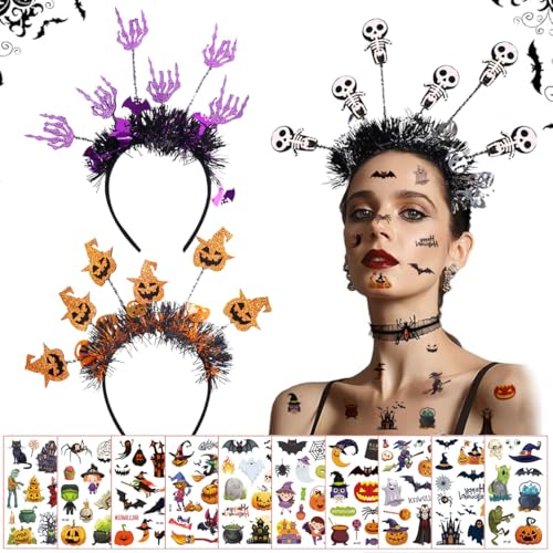 Halloween Haarreif Haarschmuck, 3 Stück Halloween Kopfschmuck und 10 Tattoos Aufkleber, Halloween Stirnband mit Totenkopf, Kürbis und Geister, Halloween Kostüm Accessoire für Kinder Damen Herren von LGZIN