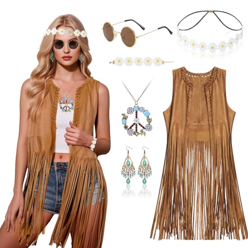 Hippie Kostüm Damen, 60er 70er Jahre Bekleidung Damen, Braun Fransenweste Damen mit Hippie Accessoires, 70er Jahre Outfit Damen, Hippie Kleidung Damen für Karneval Faschings Mottoparty Halloween von LGZIN