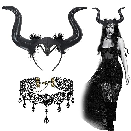 LGZIN 2 Pcs Karneval Königin Hörner Kopfbedeckung, Königin Hörner Kopfschmuck, Hörner Schwarz Set, Halloween Böse Haarreif mit Gothic Spitze Halskette, Haarschmuck für Karneval Cosplay Halloween von LGZIN