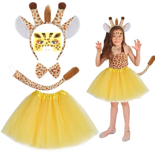 LGZIN 5 Stück Giraffen Kostüm Kinder, Giraffen Kostüm Set, Giraffen Tierkleid Kostüm mit Tutu Rock, Giraffenohr Stirnband, Fliege, Schwanz, Tattoo-Aufkleber, Tierkostüm Set für Karneval Halloween von LGZIN