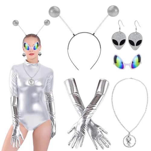 LGZIN 5-Teiliges Alien Kostüm Set, Alien Outfit Damen, Alien Kostüm Zubehör, Alien Haarreif Alien Brille Karneval Costume, Space Kostüm für Cosplay Halloween Karneval von LGZIN