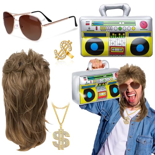 LGZIN 5 in 1 Vokuhila Set mit Assi Perücke, Brille, Aufblasbares Radio, Ring Gold Dollar, 80er Jahre Outfit Kostüm, 80er 90er Rapper Outfits Herren Damen, für Fasching & Karneval von LGZIN