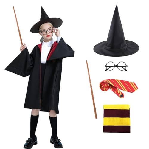 LGZIN Zauberer Cosplay Kostüm, 6Pcs Magier Robe Kostüm für Jungen Mädchen, Zauberer Outfit Set mit Umhang, Hut, Zauberstab, Krawatte, Schal und Brille, Wizard Costume Kinder für Karneval, Halloween von LGZIN