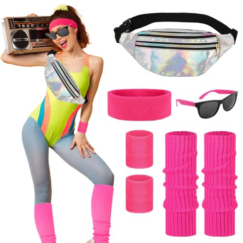 80er Jahre Outfit Damen Bauchtasche Neon, 90er 80er Jahre Accessoires mit Bauchtasche, Stirnband, Brille, Beinwärmer und Armbänder, 80er Jahre Kleidung Sport Kostüm für Karneval Retro Neon Party von LGZIN