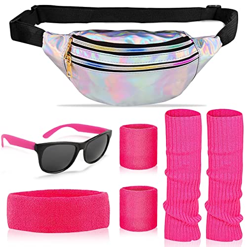 LGZIN 80er Jahre Kleidung Damen Set, 80er Kleidung Damen Sportlicher Accessoires, Rosenrot Schweißband Armbänder Set, Beinwärmer, Silber Bauchtasche, Brille für 80er Outfit Party Kostüm Accessoires von LGZIN