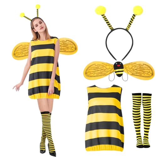 LGZIN Bienenkostüm Damen, 4 Stück Bienen Kostüm für Erwachsen, Hummel Kostüm mit Flügeln, Stirnband, Beinärmeln, Faschingskostüme Biene für Party, Cosplay, Verkleidung von LGZIN