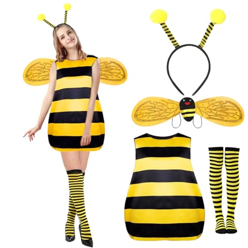 LGZIN Bienenkostüm Damen, 4 Stück Bienen Kostüm für Erwachsen, Hummel Kostüm mit Flügeln, Stirnband, Beinärmeln, Faschingskostüme Biene für Party, Cosplay, Verkleidung von LGZIN