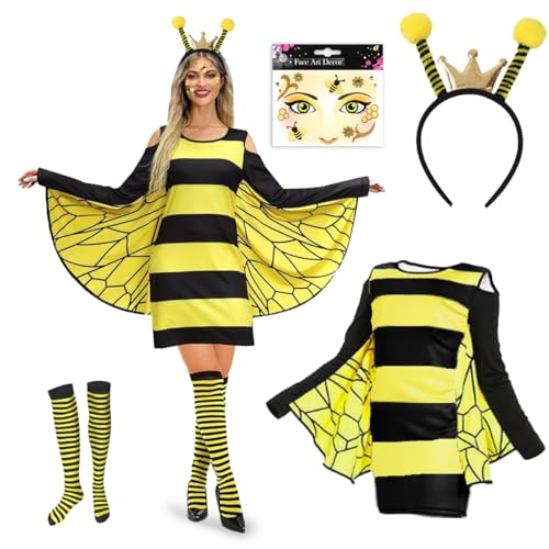 LGZIN Bienenkostüm Damen, Biene Kostüm Erwachsene, Carnaval Bienenkostüm mit Haarreif, Beinärmel und Gesichts Tattoo, Bienenkostüm Accessoires für Karneval Halloween Dress Up Party Cosplay von LGZIN