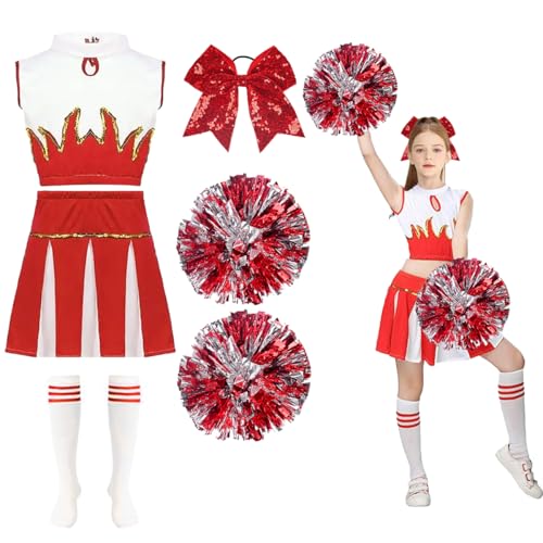 LGZIN Cheerleader Kostüm Kinder, Cheerleadering Outfit Mädchen, Cheer Kostüm Outfit mit Pompoms, Kopfschmuck und Socken, Cheerleading Uniform Kleid für Karneval Halloween Mottoparty von LGZIN