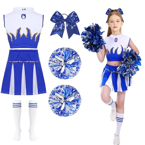 LGZIN Cheerleader Kostüm Kinder, Cheerleadering Outfit Mädchen, Cheer Kostüm Outfit mit Pompoms, Kopfschmuck und Socken, Cheerleading Uniform Kleid für Karneval Halloween Mottoparty von LGZIN