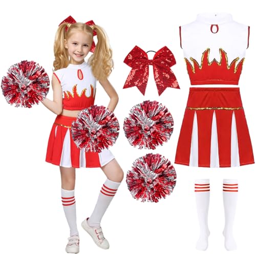 LGZIN Cheerleader Kostüm Kinder, Cheerleading Kleid, Cheer Uniformen, Crop Tops, Rock, Pompons, Socken und Haarzubehör, Cheerleadering Outfit Mädchen, Kinder Cheer Outfit für Karneval, Mottoparty-150 von LGZIN