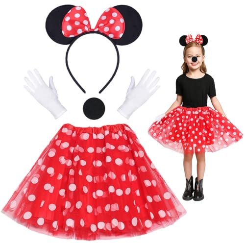 LGZIN Damen Maus Mouse Kostüm, Mouse Kostüm mit Gepunkteter Tutu, Haarreifen mit Maus Ohren, Schwanz Nase und Weiß Handschuhe, Cosplay Set für Fasching Karneval Motto Party von LGZIN