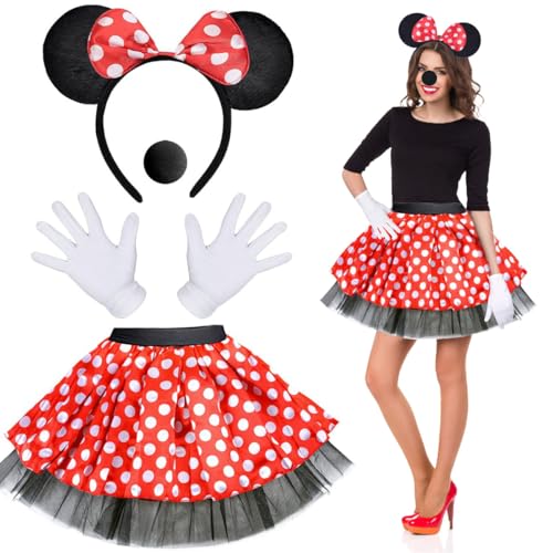 LGZIN Damen Maus Mouse Kostüm, Mouse Kostüm für Mädchen Erwachsener, Gepunkteter Tutu + Haarreifen mit Maus Ohren + Weiß Handschuhe + Schwanz Nase, Mouse Cosplay Set für Halloween Karneval von LGZIN