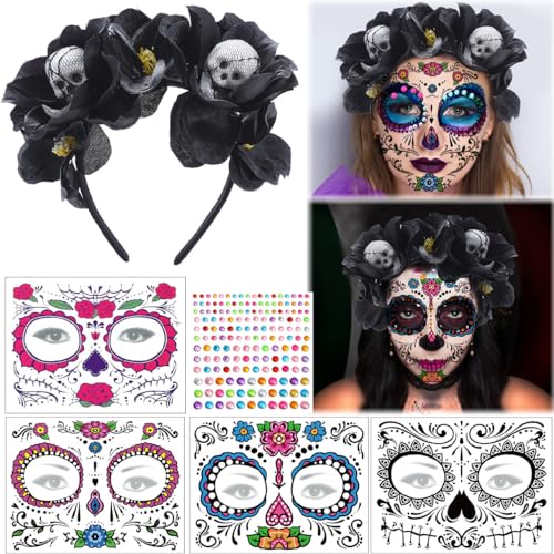 LGZIN Dia De Los Muertos Haarreif mit 5 Temporäre Gesichtstattoos, Mexikanischen Stirnband Blumen Kronen, Karneval Rosen Haarband, Damen Tag der Toten Haarschmuck, für Fasching Karneval Halloween von LGZIN