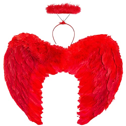 LGZIN Engel Flügel, Engelsflügel Rot, 45 cm Kostüm Damen Engel mit Heiligenschein, Kostüm Engel Kinder, Flügel Mädchen für Halloween Karneval Cosplay Party Fasching Kostüme von LGZIN