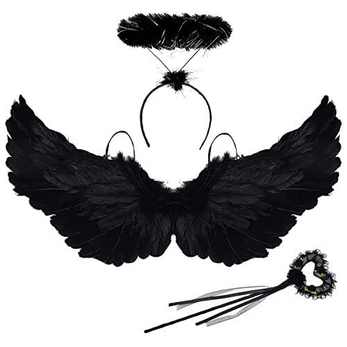 LGZIN Engel Flügel, Engelsflügel Schwarz, 60cm Kostüm Damen Engel mit Heiligenschein und Zauberstab, Kostüm Engel Kinder, Schwarz Flügel Mädchen für Halloween Karneval Cosplay Party Fasching Kostüme von LGZIN