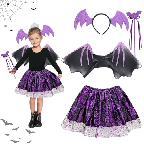 LGZIN Fledermaus Kostüm Kinder, 4-teiliges Fledermauskostüm Mädchen Set mit Fledermaus Tutu, Haarreif, Zauberstab, Flügel, Fledermaus Flügel Kostüm für Halloween Karneval Fasching Cosplay von LGZIN