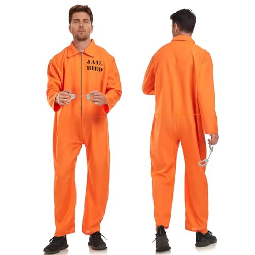 Gefängnis Kostüm Herren, Häftling Kostüm Herren, Orange Sträfling Kostüm mit Handschellen, Overall Prisoner Costume, Insasse Kostüm Halloween Karneval Cosplay für Sträflinge, Gefangene, und Räuber von LGZIN