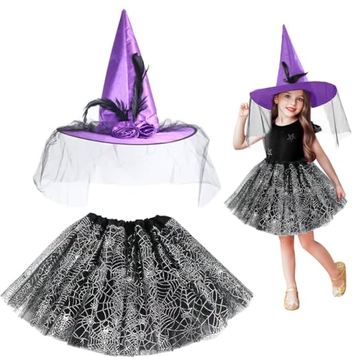 LGZIN Hexenkostüm Mädchen, Halloween Kostüm Kinder, Kinder Hexenhut Tutu Ballett, Rock Halloween Hexenkleid, Hexen Verkleidung Set für Halloween, Karneval, Geburtstag Party von LGZIN