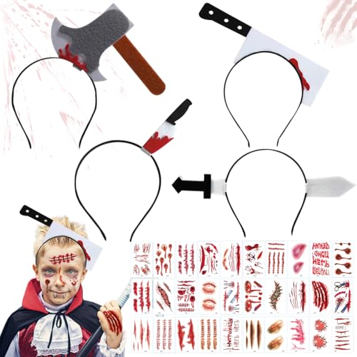 LGZIN 4 Stück Halloween Horror Haarreif, Halloween Grusel Accessoires mit 30 Halloween Tattoo Narben, Horror Haarreif Set, Halloween Messer Haarband für Fasching Karneval Kostüm Party Cosplay von LGZIN