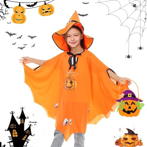 LGZIN Halloween Kostüm Kinder, Halloween Fledermaus Umhang mit Hut und Kürbis Candy Bag, Fasching Kostüme Hexenkostüm Kürbis, Fledermaus Umhang Kostüm Mädchen, Ideal für Höhe 90-150cm von LGZIN