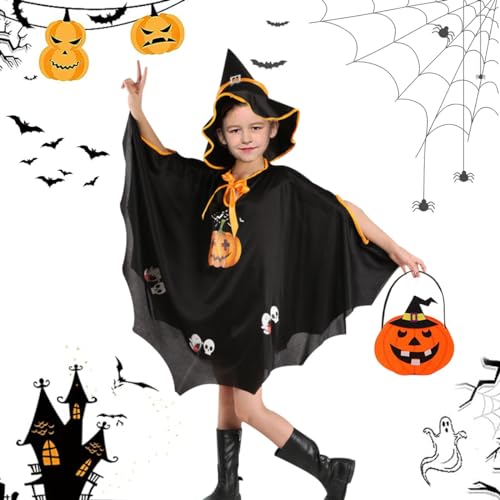 LGZIN Halloween Kostüm Kinder, Halloween Fledermaus Umhang mit Hut und Kürbis Candy Bag, Kinder Halloween Kostüm, Fledermaus Umhang Kostüm für Jungen Mädchen, Ideal für Höhe 90-150cm von LGZIN