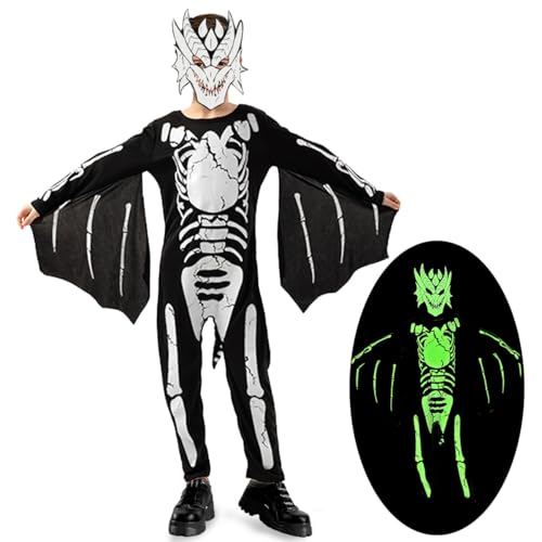 LGZIN Halloween Skelett Kostüm für Kinder, Skeleton Costume Kinder Set, Skeleton Dino Kostüm Kinder, Halloween Skelett Overall Jungen, Skelett Outfit Glühen im Dunkeln für Halloween Karneval Cosplay von LGZIN