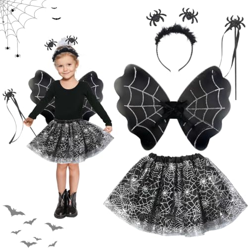 LGZIN Halloween Spinne Kostüm Kinder Set, 4-teiliges Hexenkostüm Kinder mit Spinne Tutu, Haarreif, Zauberstab, Flügel, Spinne Kostüm Mädchen für Halloween Karneval Fasching Cosplay von LGZIN