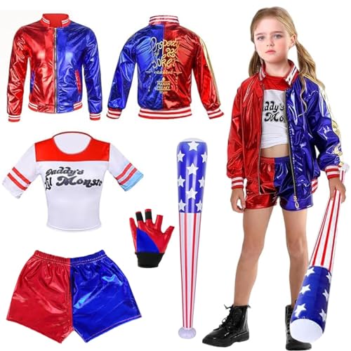 LGZIN Harley Quinn Kinder Kostüme, Harley Quinn Cosplay Kostüm mit Jacke, T-Shirt, Shorts, Handschuh und Baseballschläger, Halloween Karneval Cosplay Costume, Harley Quinn Cosplay Kostüm von LGZIN