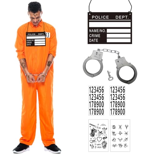 Sträfling Kostüm Herren, Häftling Kostüm Herren, Gefangener Kostüm Orange mit Handschellen Namensschild Aufkleber, Prisoner Overall Kostüm für Cosplay Karneval Party Deko - Größe L/XL von LGZIN